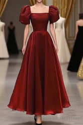 Burgundy A-line Satin Vintage Women Dresses Long Semi Formal Prom Dresses